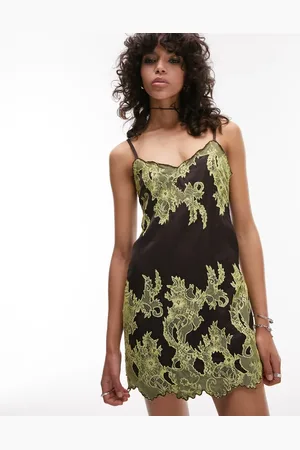 Topshop Satin and lace cami mini dress in chocolate and lime