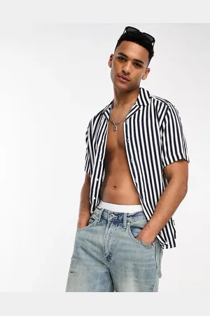 Only & Sons Revere collar stripe shirt in navy