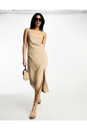 VILA Linen touch cami midi dress with slit front in camel