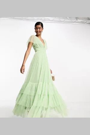 Lace & Beads Bridesmaid Madison v neck tulle maxi dress in sage