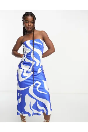 SNDYS Bandeau satin midi dress in blue swirl print