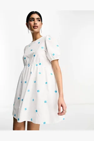 Y.A.S Y.A.S smock mini dress with embroidered blue flowers in