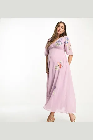 HOPE & IVY Plunge front embroidered maxi dress in lilac