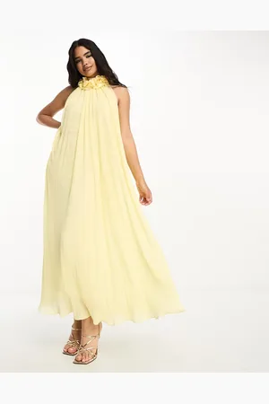 ASOS Corsage high neck plisse maxi dress with tie back detail in buttermilk