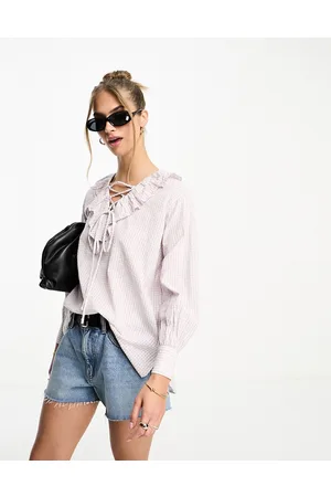 Whistles Francesca gingham check lace up blouse in pink