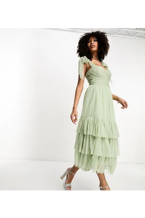 Lace & Beads Exclusive tie shoulder tiered midi dress in sage