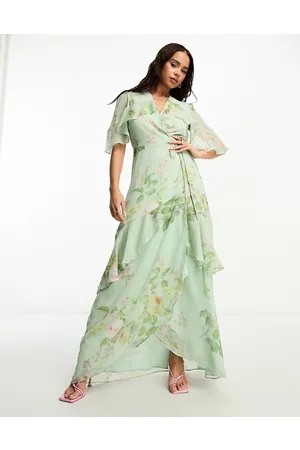 HOPE & IVY Tiered ruffle wrap maxi dress in sage