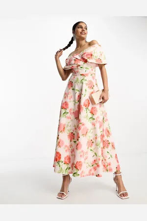 True Violet Folded midi prom dress in peach floral print