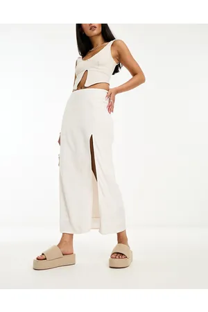 NA-KD Linen side slit midi skirt in