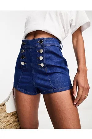 River Island denim frayed shorts in mid authentic blue | ASOS