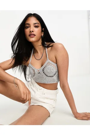 ASOS DESIGN Petite crochet halter top in metallic yarn in silver