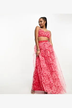 Lace & Beads Exclusive tulle maxi skirt co-ord in and pink floral