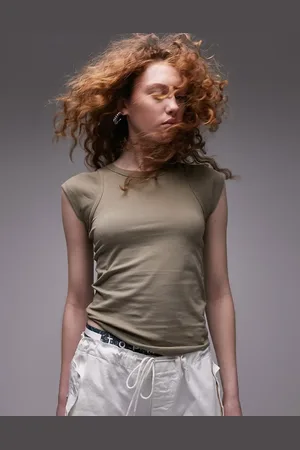 Topshop Ribbed mixed tee in sage