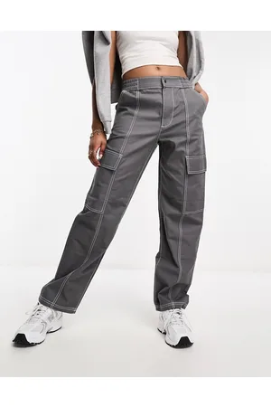 Elastic Waist Slim Flare Contrast Stitch Cargo Trouser