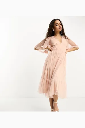 Beauut Petite Bridesmaid tulle midi dress with flutter sleeve in blush