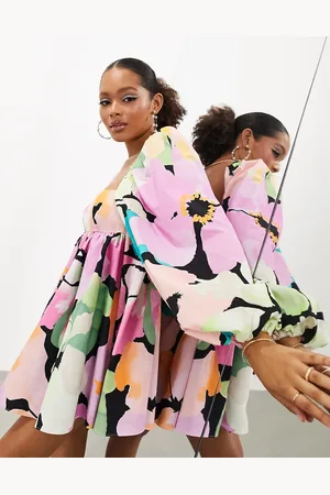 ASOS Long sleeve babydoll mini dress in arthouse pink floral print