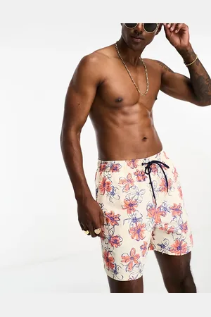 Pull&Bear Floral printed swimshort in orange and ecru