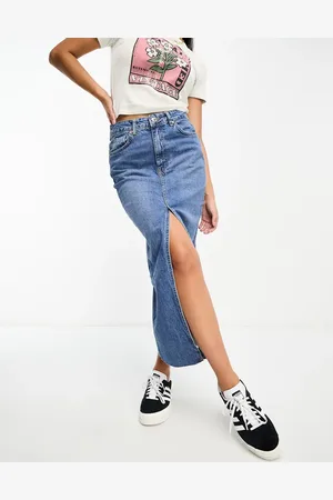 Stradivarius Denim midi skirt with front split in midwash