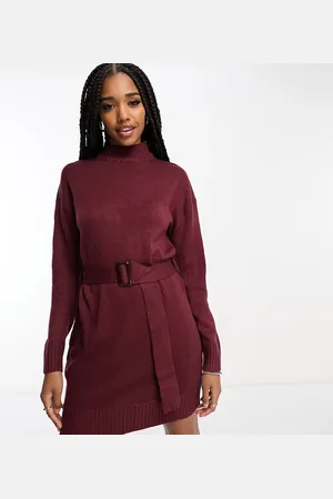 VIOLET ROMANCE Belted knitted jumper dress in chocolate