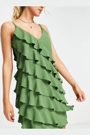 Catch Crinkled frill detail beach mini summer dress in khaki