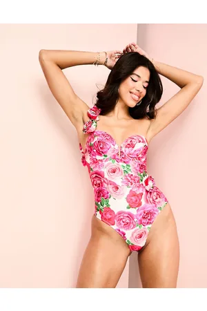 ASOS One shoulder corsetted swimsuit with tulle corsage detail in rose floral print