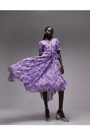 Topshop Printed midi wrap occasion dress in purple floral