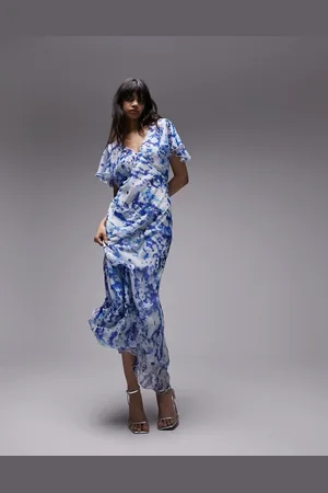 Topshop Printed occasion v neck flutter sleeve maxi dress in