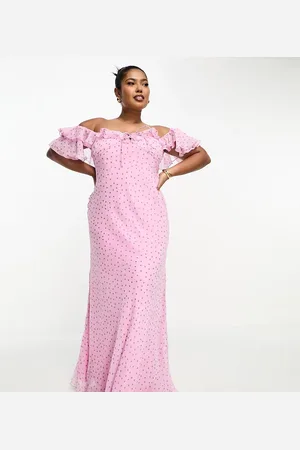 ASOS ASOS DESIGN Curve bardot milkmaid maxi dress in pink spot print