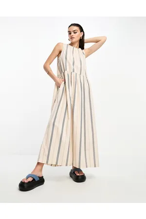 SELECTED Femme smock maxi dress in beige stripe