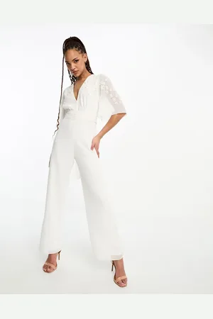 HOPE & IVY Bridal embellished bow back jumpsuit in ivory