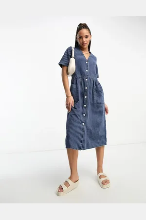 Monki Button through denim midi dress in with white stripes