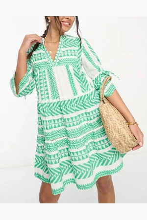 Accessorize Flute sleeve jacquard beach summer mini dress in & white