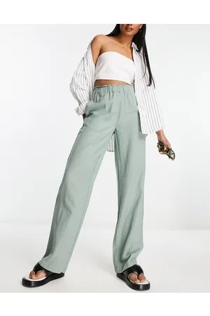 VILA Linen touch wide leg pull on trousers in sage