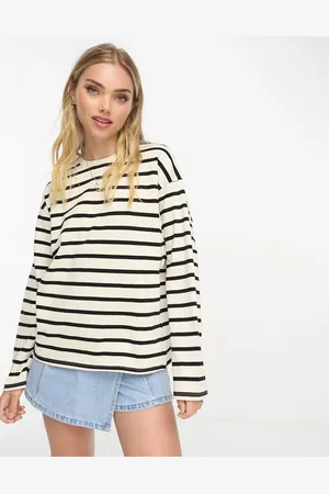 Pull&Bear Long sleeve oversized t-shirt with stripe detail in ecru &