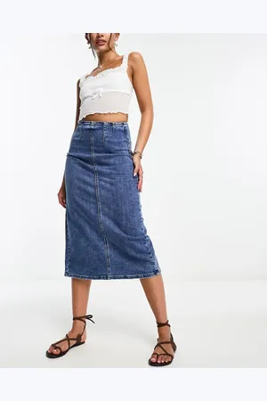 Stradivarius Seamed detail denim midi skirt in medium