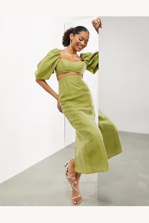 ASOS Puff sleeve cut out detail midi dress in olive