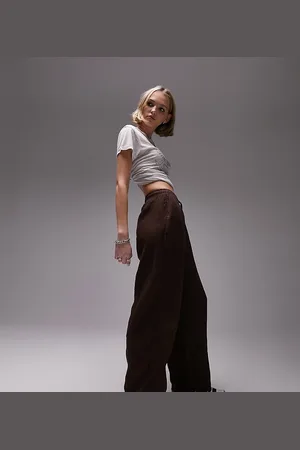 Topshop Linen tie waist wide leg trouser in chocolate