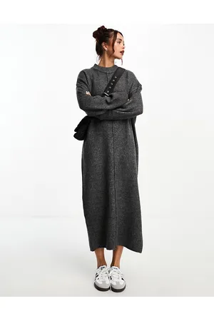 ASOS Oversized knitted midi dress with crew neck and seam detail in charcoal