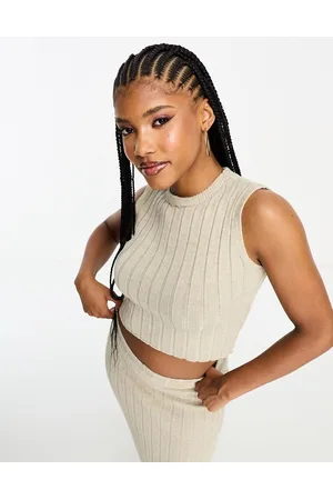 Missyempire Knitted crop top co-ord in stone