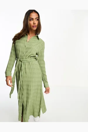 Miss Selfridge Textured belted maxi shirt dress in khaki