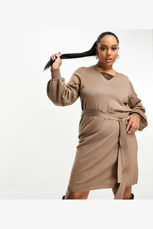 VILA Knitted jumper dress with lace detail v neck in