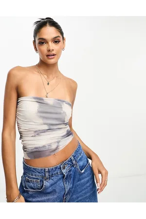Stradivarius Mesh bandeau top in blur print