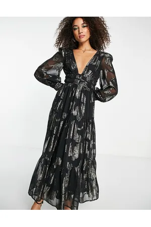 ASOS Metallic channel detail midi dress with puff sleeves and tie back detail in