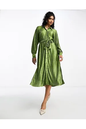 Y.A.S Y.A.S plisse shirt dress with tie belt in olive