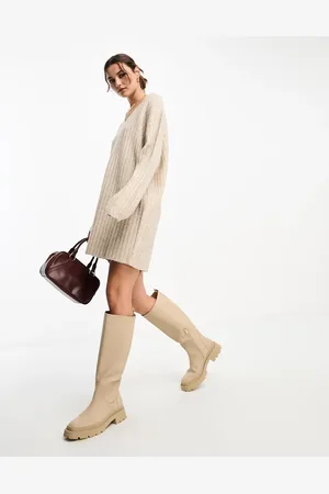 ASOS Knitted jumper mini dress with v neck in oatmeal