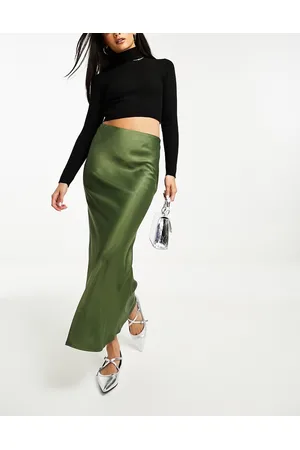 Stradivarius Satin midi slip skirt in khaki