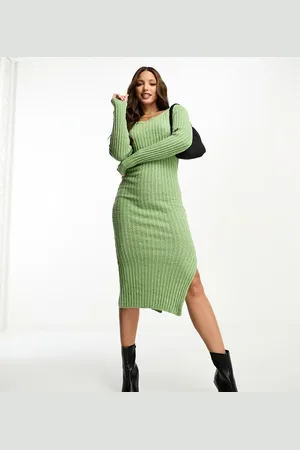 ASOS ASOS DESIGN Tall square neck knitted midi dress in textured yarn in khaki