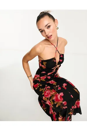 ASOS DESIGN sleeveless trapeze mini dress with godets in floral, Black/Red  