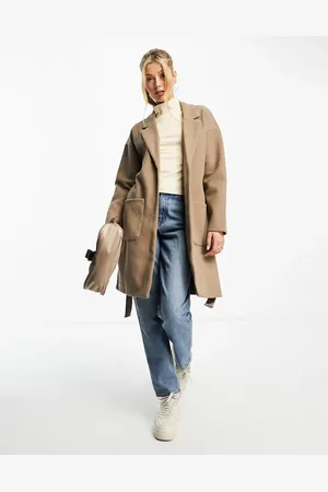 Pieces® Oversized collar belted coat in camel