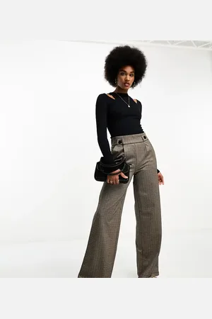 JDY Wide leg button detail trousers in check